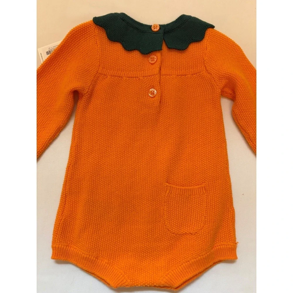 New Janie and Jack Orange Pumpkin Knit Romper Green Collar 0-3 Months Halloween